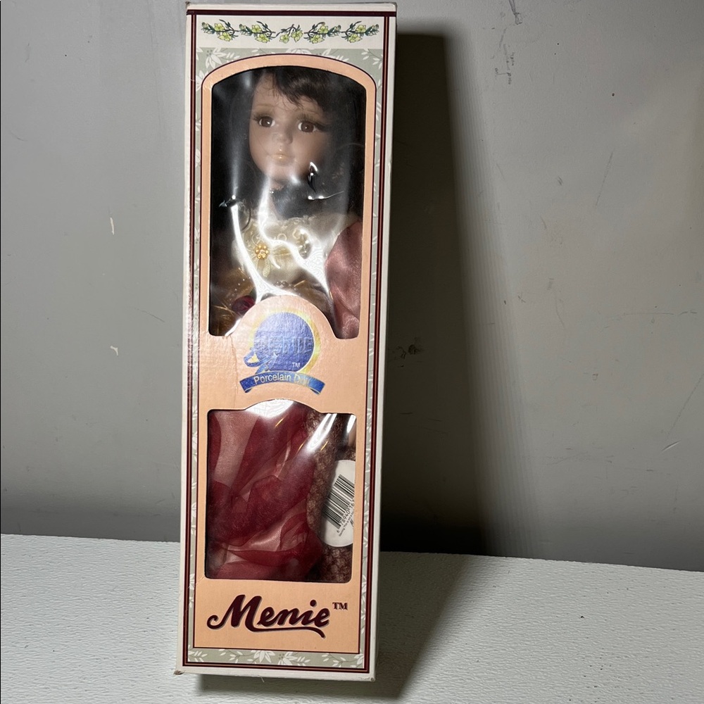 Vintage Memei Porcelain Doll in Rose Colored Dress Brown Hair New with Tag